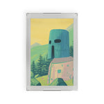 Clear acrylic serving tray with art print of mystical blue cylindrical guardian figure in green mountain pine landscape, Ancient Guardian Serving Tray front