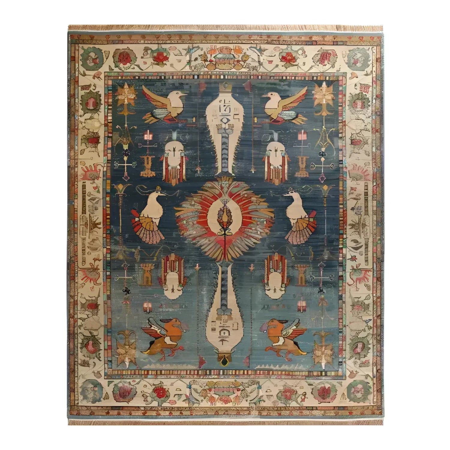 Beautifully designed Ancient Wisdom Hand Knotted Area Rug featuring intricate patterns and mythical motifs on a deep blue background. The border is adorned with floral and geometric designs, showcasing exquisite craftsmanship.
