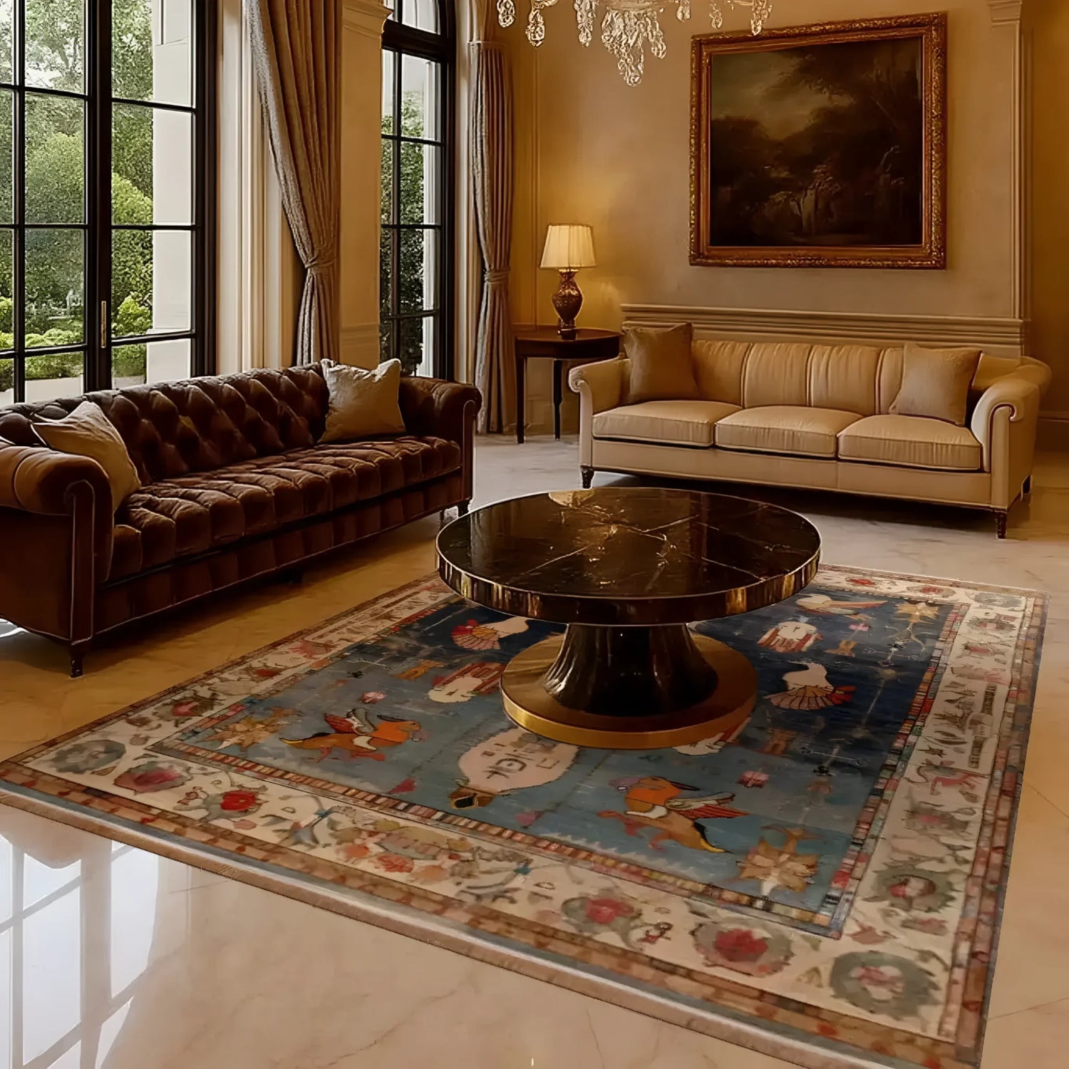 Beautiful living room featuring an Ancient Wisdom hand-knotted area rug with a Persian vintage design. The rug adds a touch of elegance to the space, complementing the classic sofas and marble top coffee table.