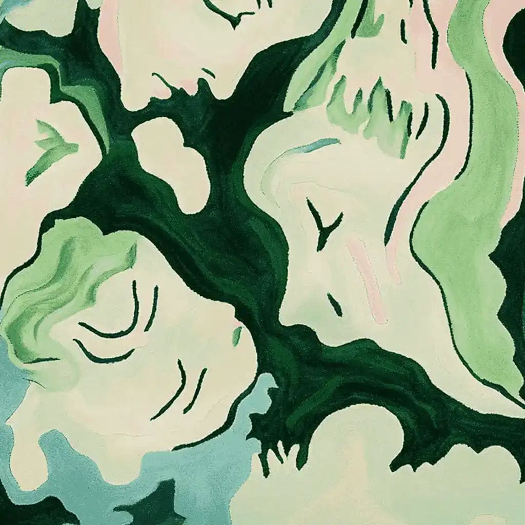 A beautifully designed area rug with an abstract pattern featuring shades of green and cream. The contemporary rug, perfect for a large living room, showcases intricate wool textures, making it an ideal choice for those seeking stylish rugs for living rooms.