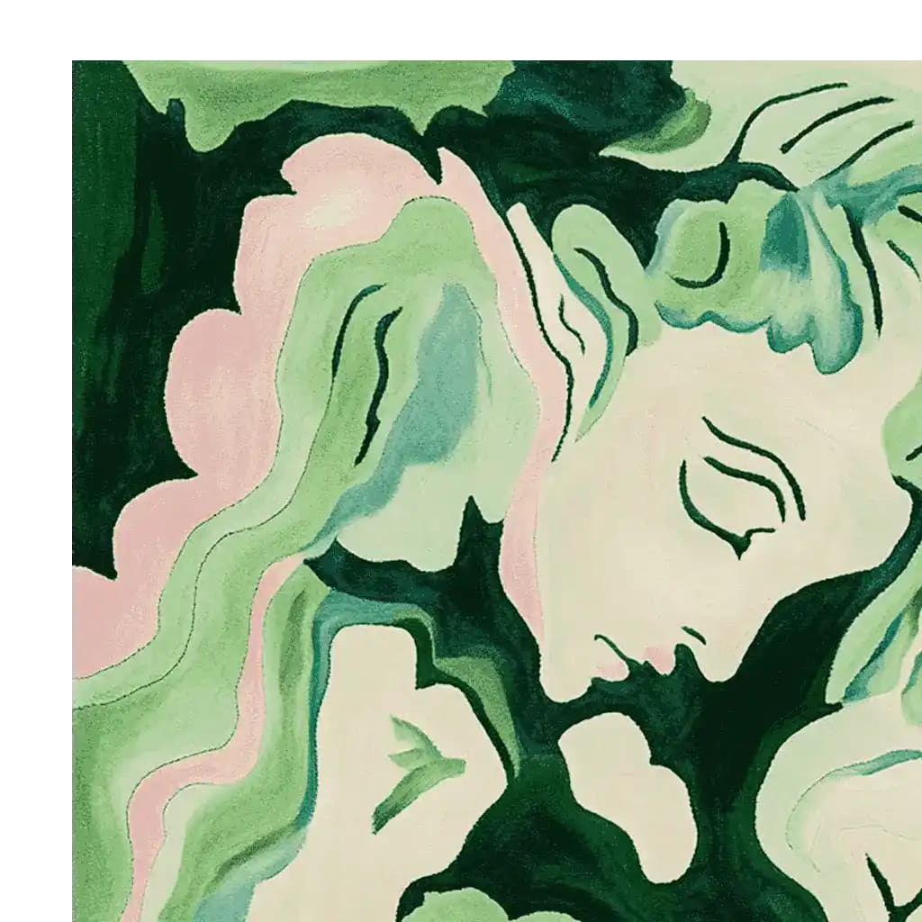 Top view of the Angel Echoes Hand Tufted Rug, featuring an abstract design with soft hues of green and pink. This wool area rug adds a contemporary touch to large living rooms, making it an ideal choice for those seeking stylish rugs for the living room.