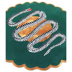 Angled view of green scalloped snake rug, dotted white-and-black serpent coiling across gold fruit