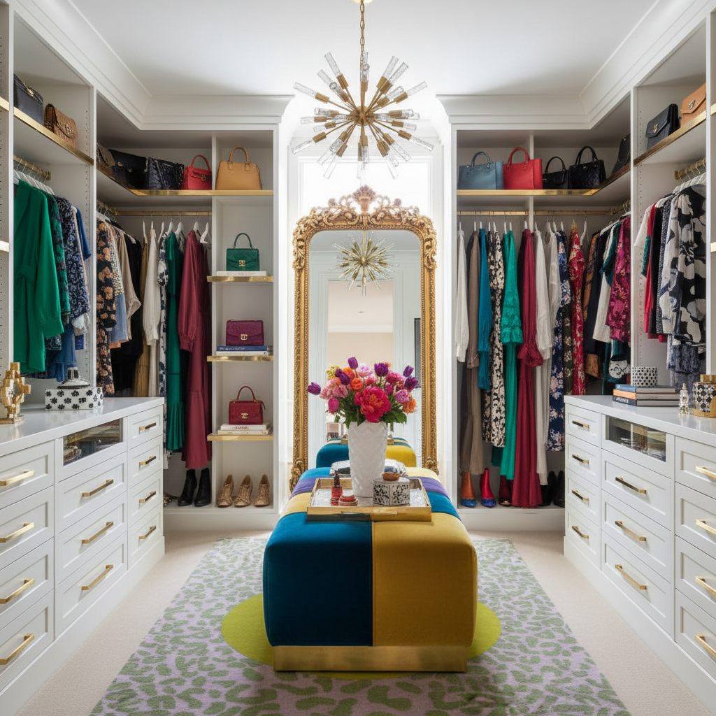 Luxurious walk-in closet with an animal pattern rug, colorful decor and a large mirror.