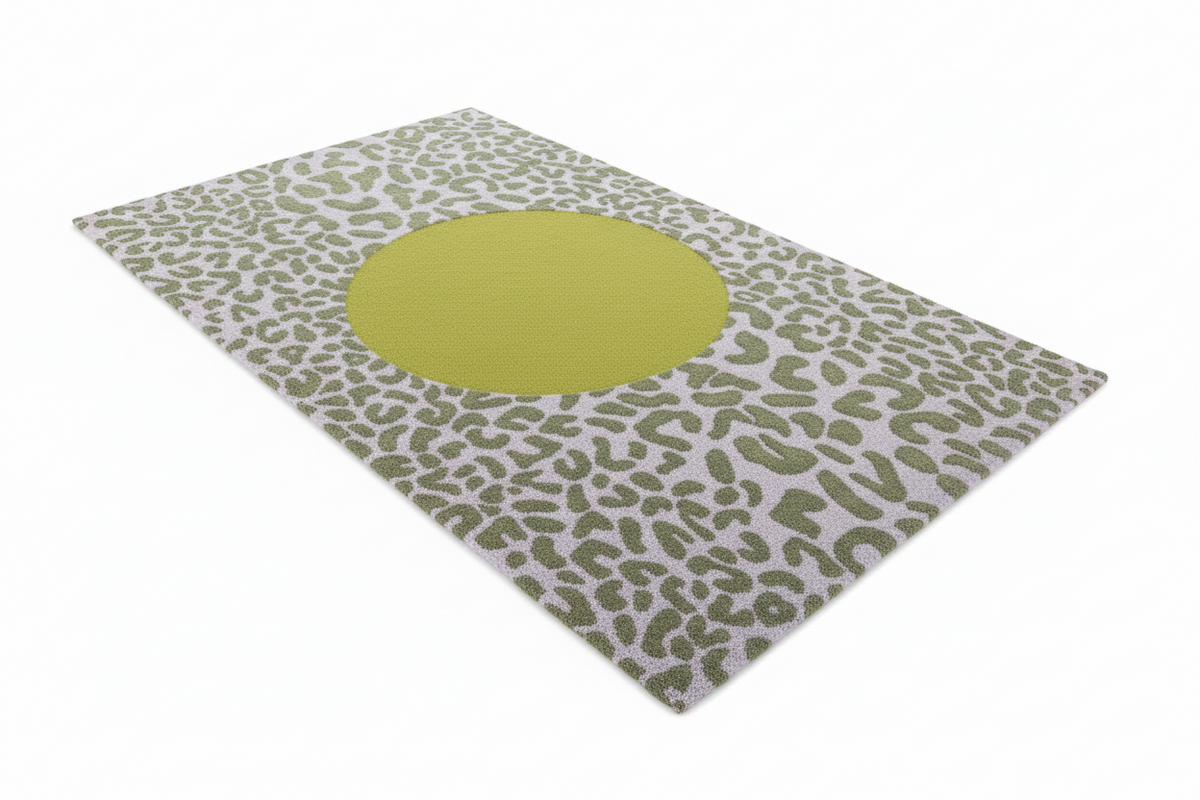 Rug with a green circular design on a white background