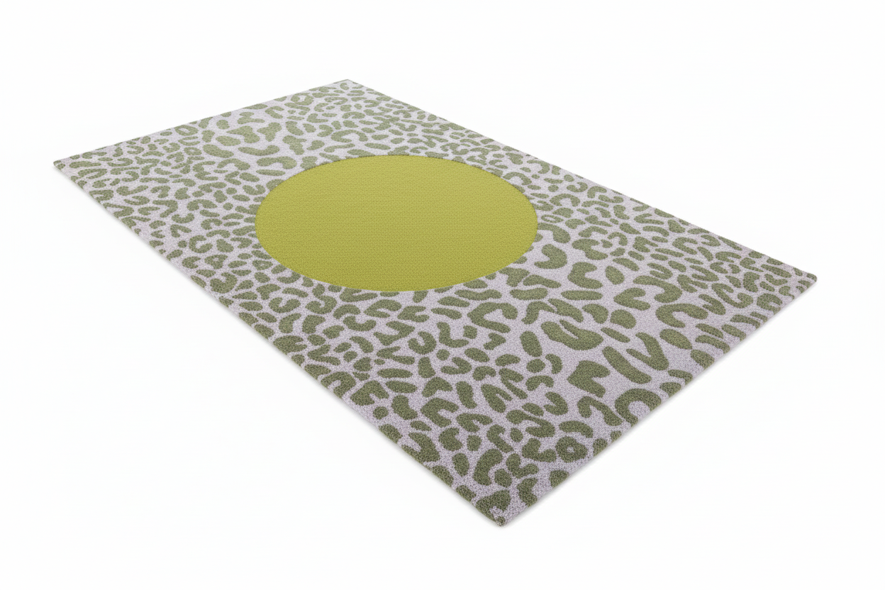 Rug with a green circular design on a white background