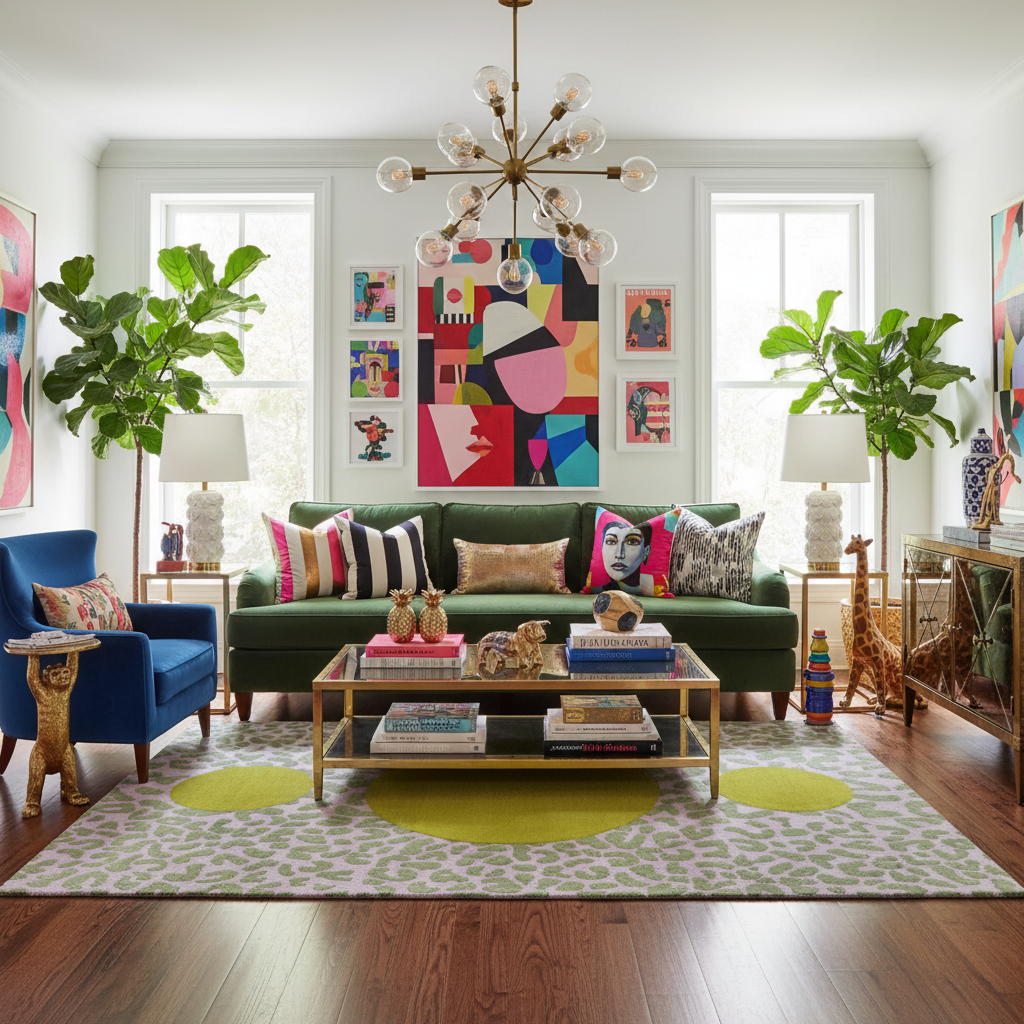 Animal Print Golden Triple Lunar Hand Tufted Wool Rug