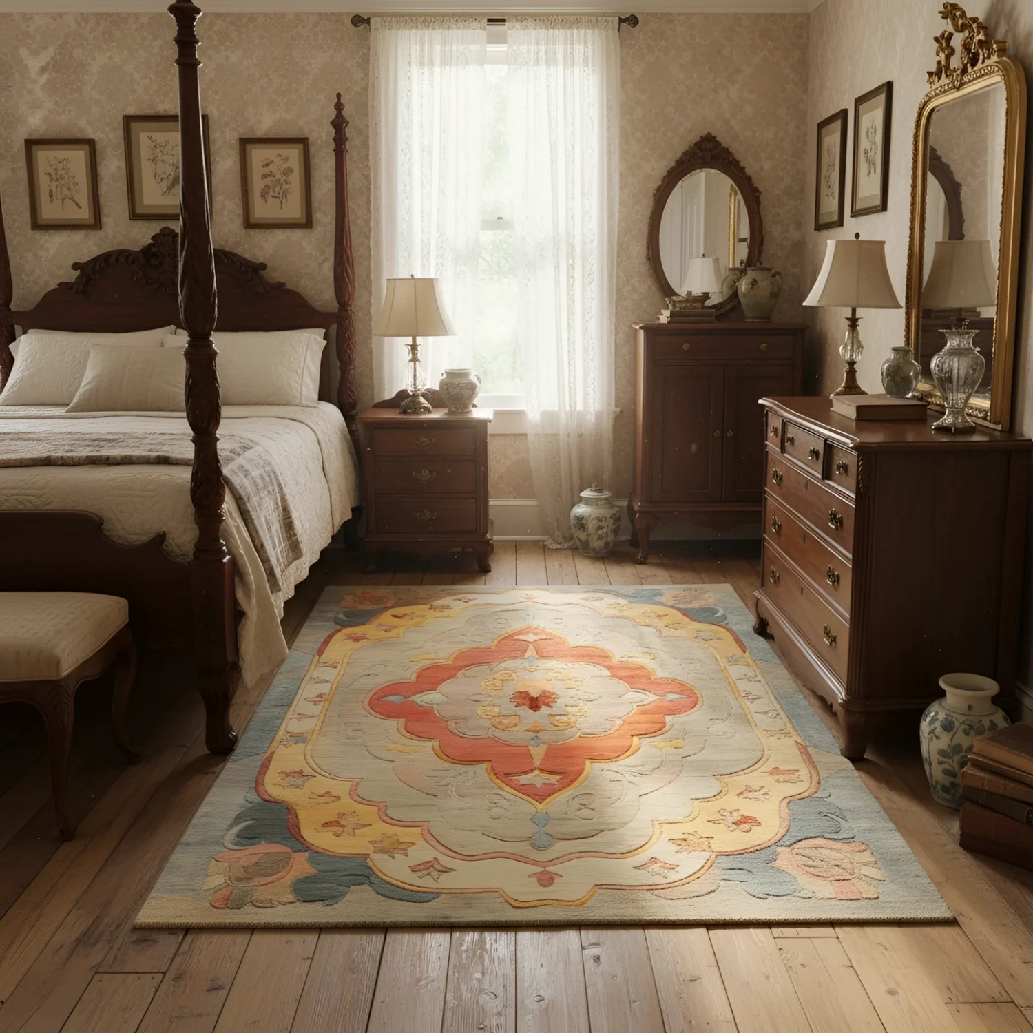 traditional rug in a traditional vintage inspired bedroom