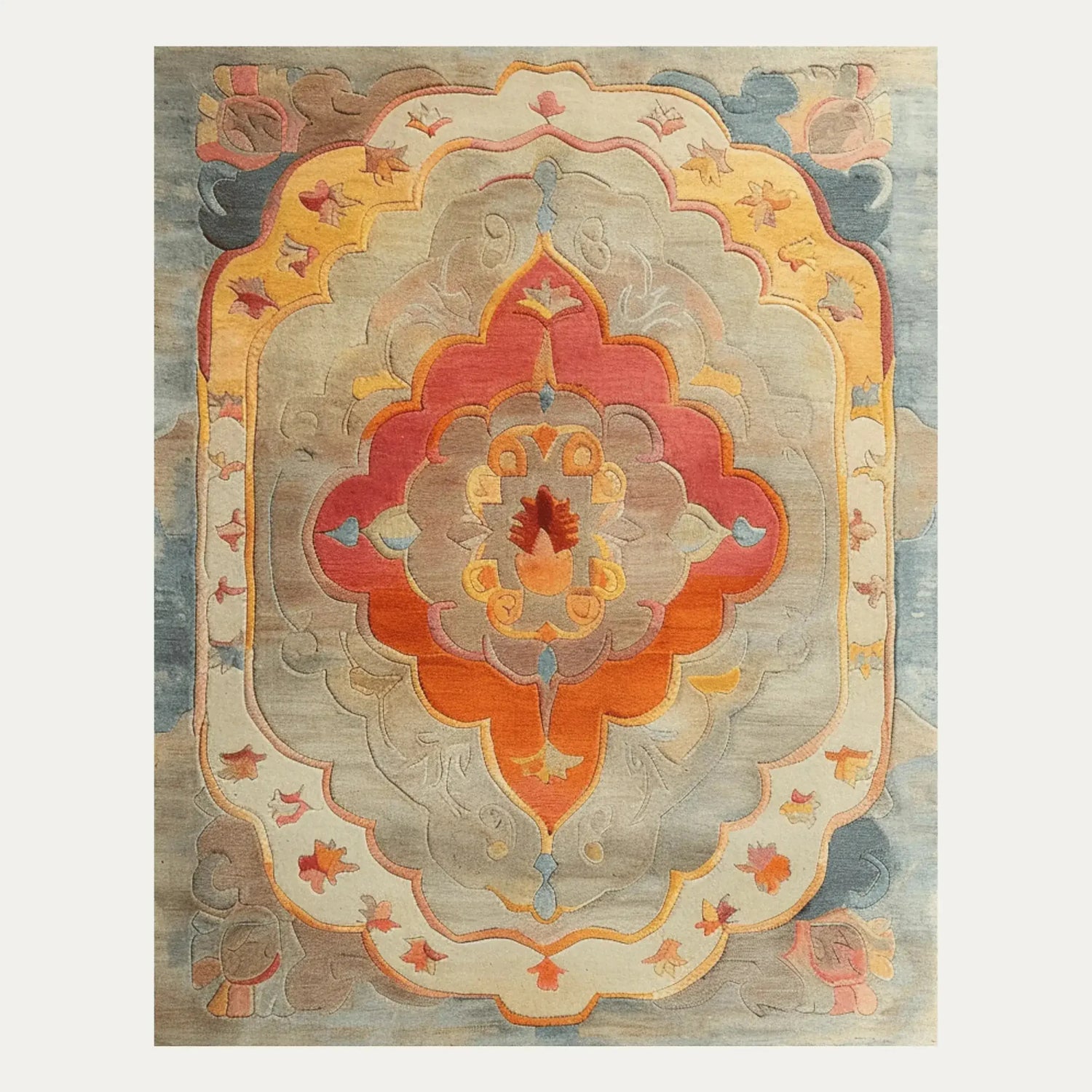 An exquisite Antique Allure Hand Tufted Area Rug featuring a rich, colorful abstract design with vibrant orange, red, and blue hues, ideal for adding warmth and style to a dining room or living room. This wool rug brings elegance to any space, making it perfect for dining room area rugs or as a centerpiece in rugs for living room.