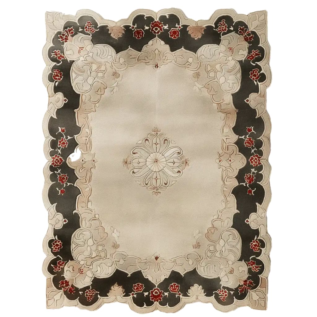 Top view of the Antique Splendor Hand Tufted Wool Area Rug showcasing intricate floral patterns in beige and red with a dark border, highlighting its elegant and timeless design.