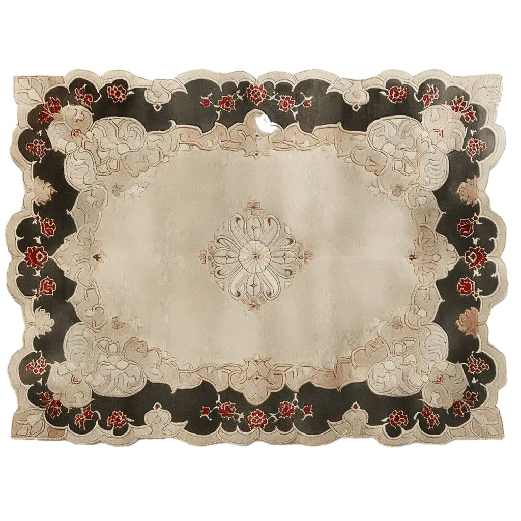 Elegant hand-tufted wool area rug featuring intricate floral patterns and a rich border design with red and beige accents.