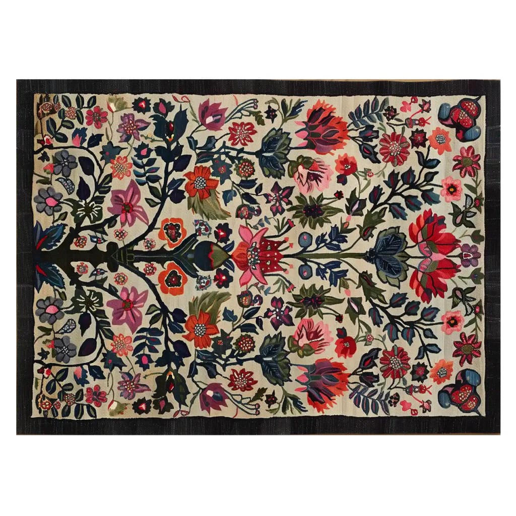 A beautifully crafted area rug featuring an intricate floral pattern with vibrant red, pink, and green hues on a soft beige background. Perfect for adding a touch of elegance to any room, this hand-tufted wool rug offers a stunning design inspired by nature.