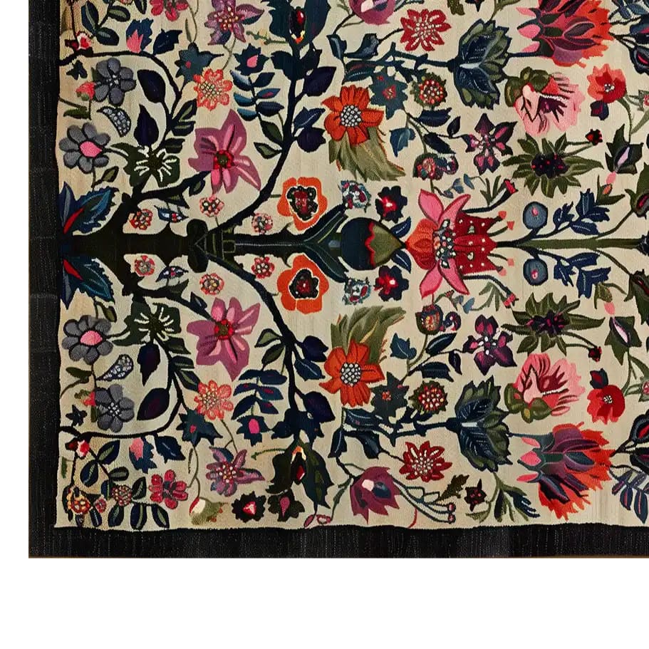 A vibrant hand-tufted wool area rug showcasing an artistic floral design. The rug features a lively array of colorful flowers and leaves, creating a striking pattern against a neutral background, perfect for adding a touch of elegance to any living space.
