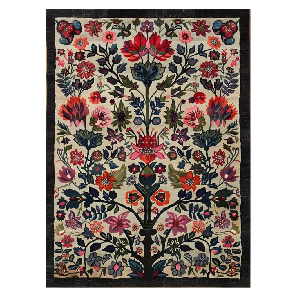 A vibrant hand-tufted wool area rug featuring an intricate floral pattern with bold colors like red, pink, and green against a neutral background, bordered by a dark frame. This stunning piece adds a touch of elegance to any room decor.