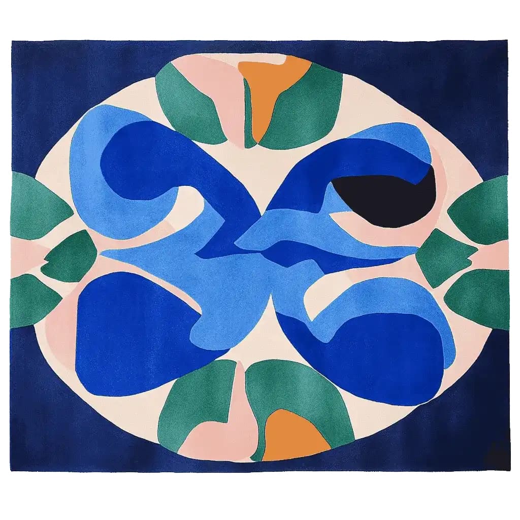 Contemporary Aqua Shape Story Hand Tufted Wool Area Rug with abstract design, featuring vibrant blues, greens, and oranges, perfect for large living rooms. This 8x10 rug adds a modern touch to any space.