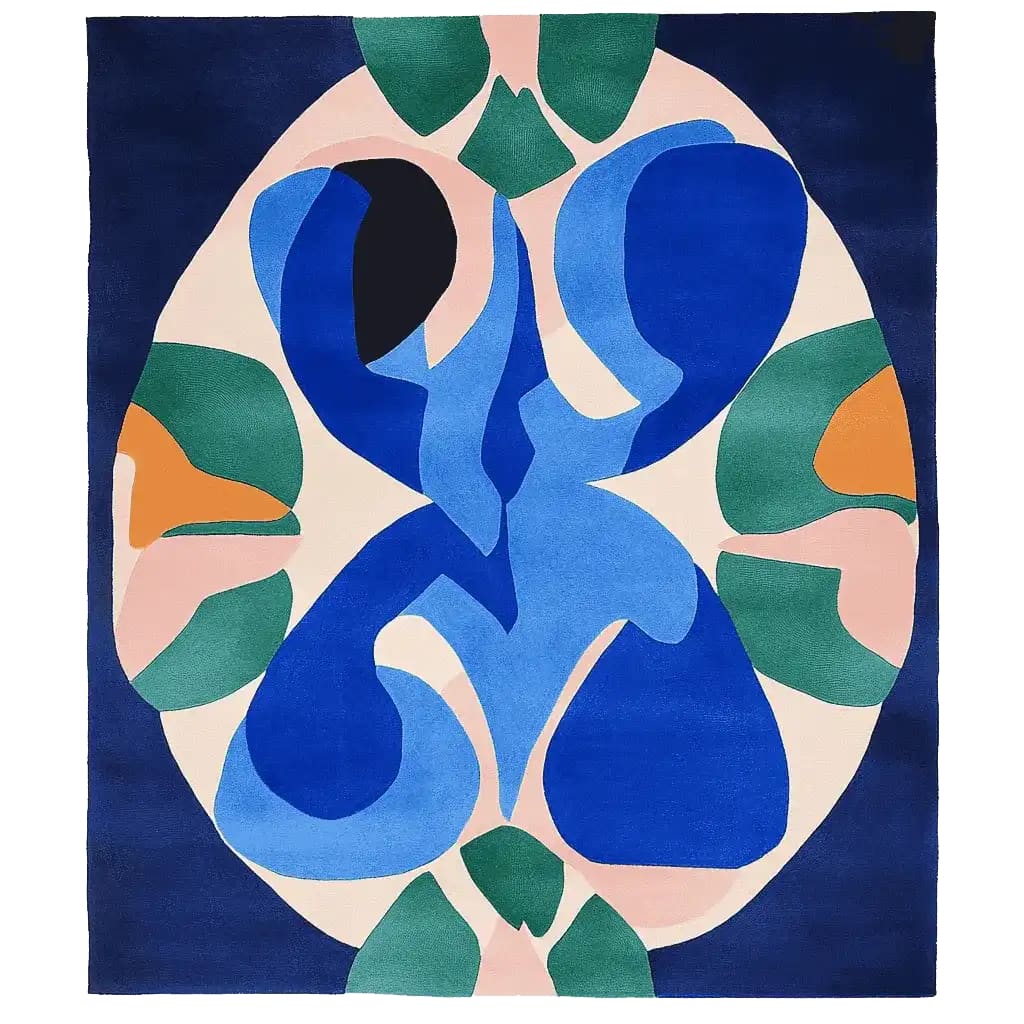 View of the Aqua Shape Story Hand Tufted Rug, showcasing an abstract design with vibrant blues, greens, and oranges. This contemporary area rug is perfect for large living rooms, sized 8x10, and made from luxurious wool, adding a stylish touch to any space.