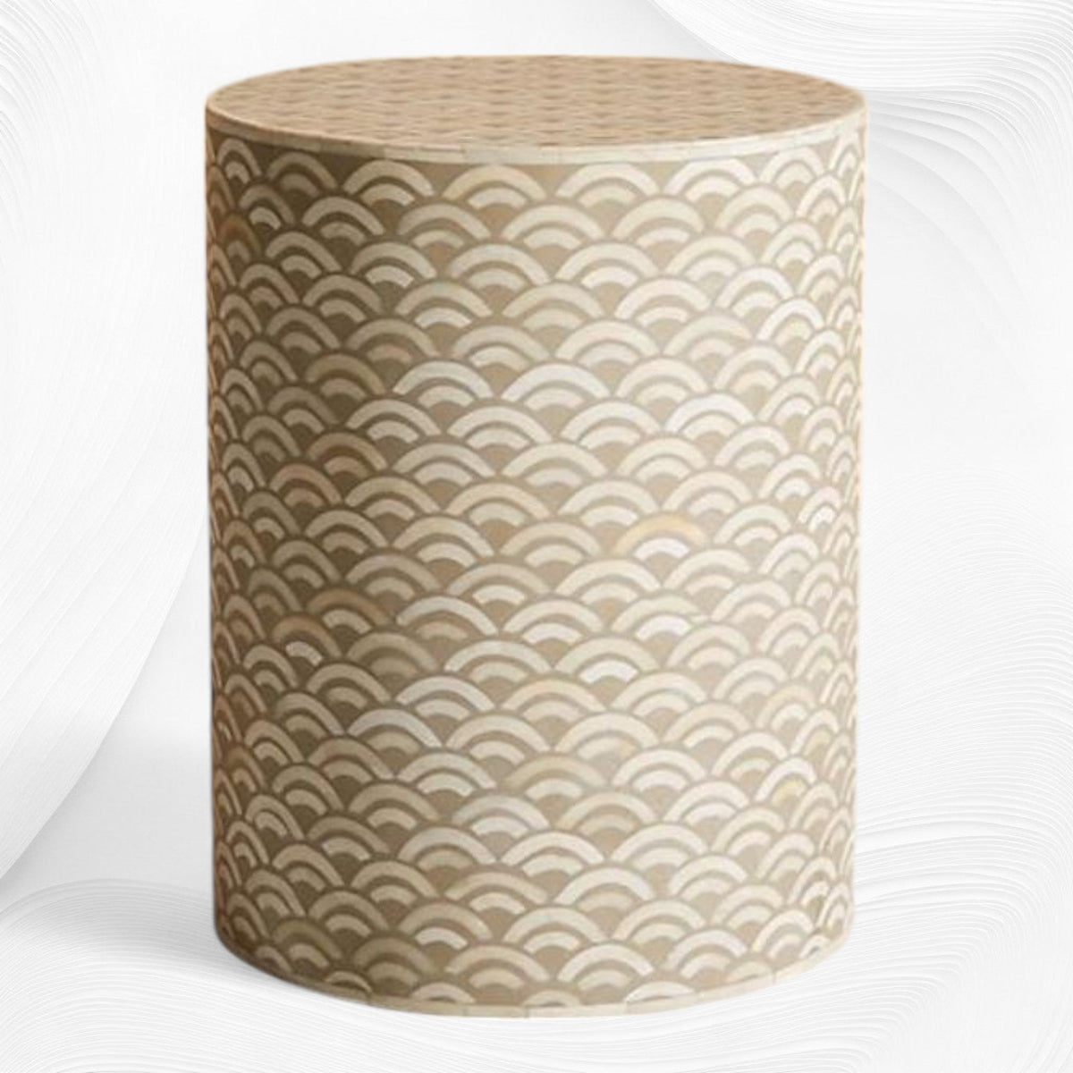 Arc bone inlay round end table in mud grey, front view