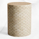 Arc bone inlay round end table in mud grey, front view