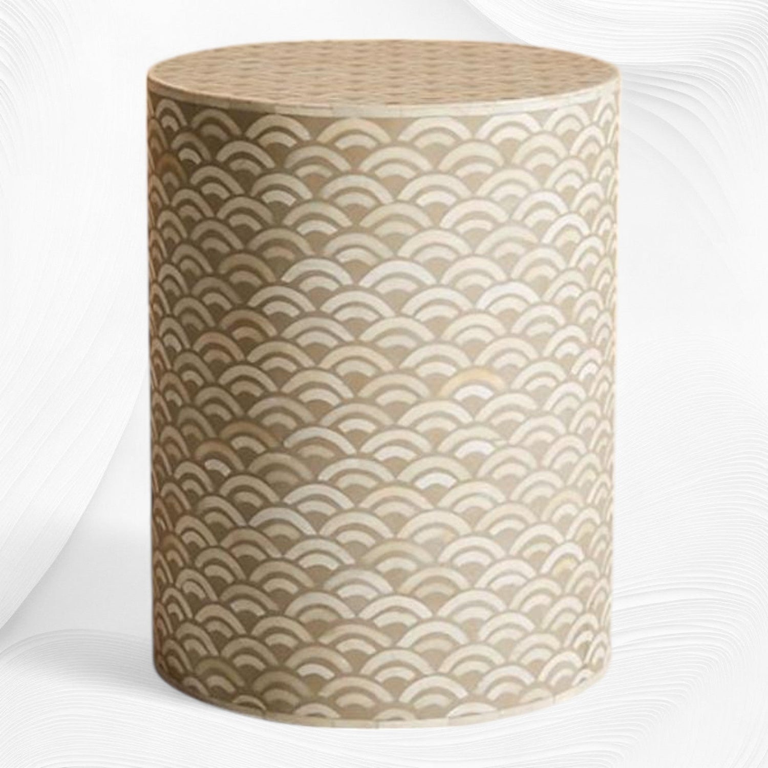 Arc bone inlay round end table in mud grey, front view