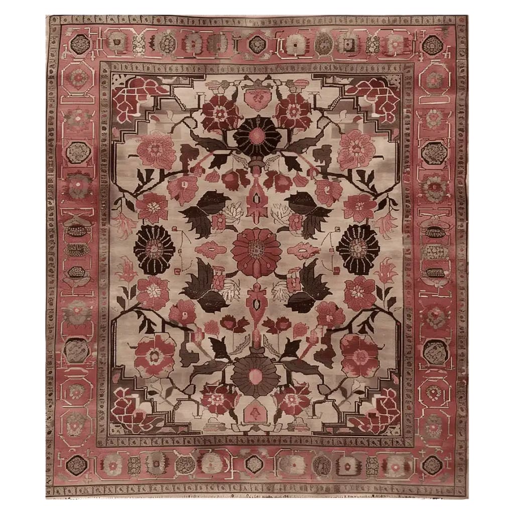 A richly detailed Arcadian Grandeur Knotted Wool Area Rug featuring an intricate floral pattern in shades of red, pink, and brown, set against a beige background. The rug showcases a traditional design with a decorative border, highlighting its handcrafted elegance.