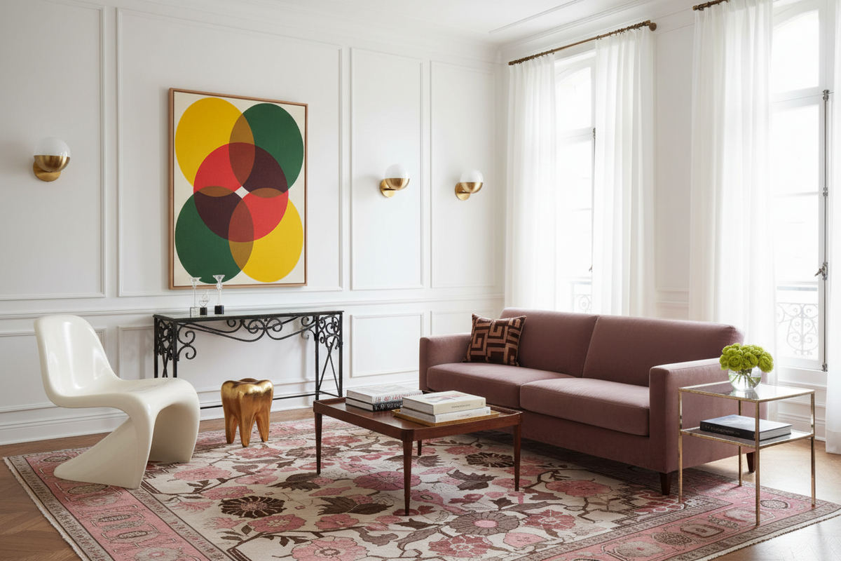 Modern living room with a colorful abstract painting, sofa, and decorative rug.