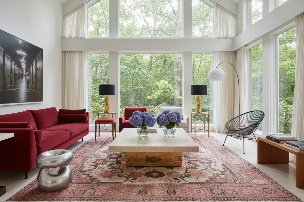 Modern living room with red sofa, red floral rug, coffee table, and large windows.
