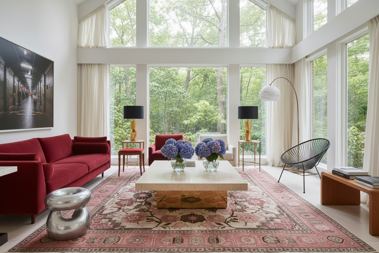 Modern living room with red sofa, red floral rug, coffee table, and large windows.