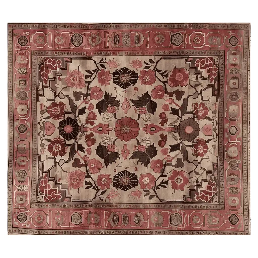 A luxurious area rug with intricate floral patterns in shades of red, pink, and brown, set against a cream background. The rug features a detailed border with geometric designs, adding an elegant touch to any room.