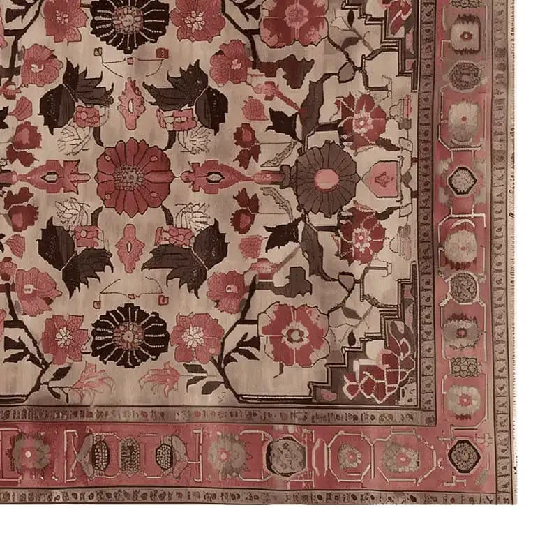 Top view of the Arcadian Grandeur Knotted Wool Rug showcasing a rich floral pattern with intricate designs in warm tones, perfect for adding elegance to any space.