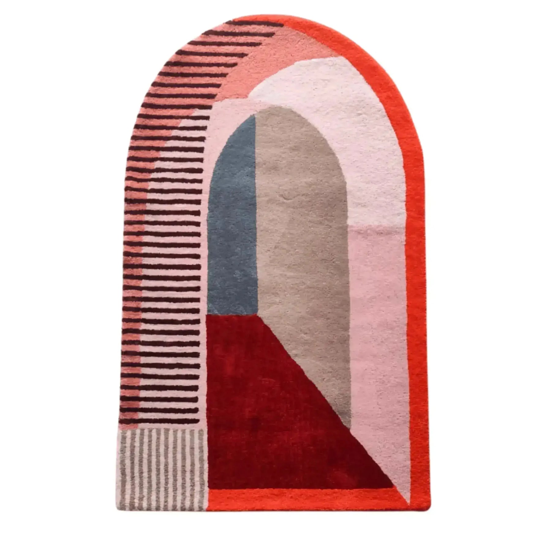 Arched retro rug standing upright like a doorway, geometric color blocks and striped edge