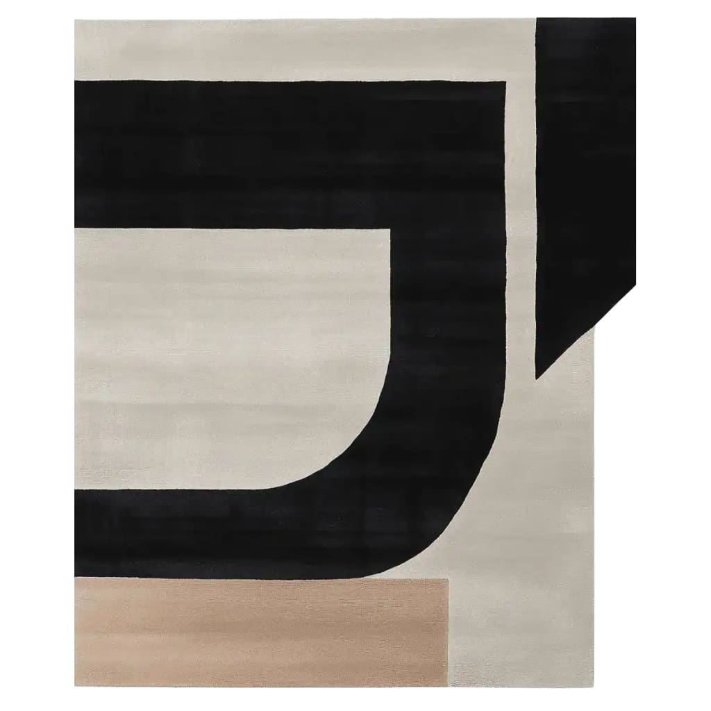 Top view of the Architectural Mood Canvas Hand Tufted Rug showcasing a contemporary design with bold geometric patterns in black, beige, and tan. This area rug is perfect for adding a modern touch to any living room. Ideal for those seeking stylish area rugs for living room, especially in 8x10 sizes. Made from high-quality wool, this rug combines durability with artistic flair.