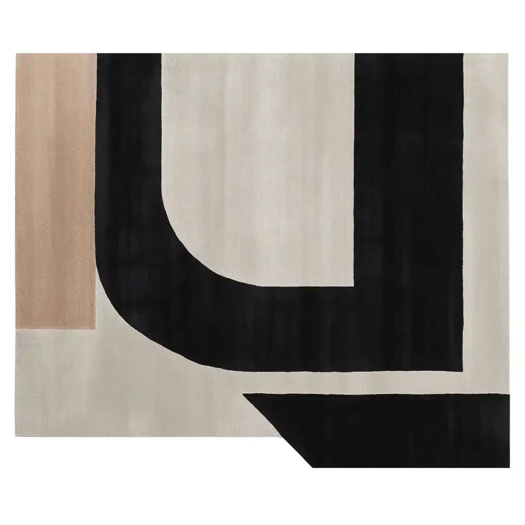 Top view of the Architectural Mood Canvas Hand Tufted Rug, showcasing its modern design with bold black and beige geometric patterns. Ideal for contemporary living rooms, this wool area rug is perfect for an 8x10 space, adding a sophisticated touch to any decor.