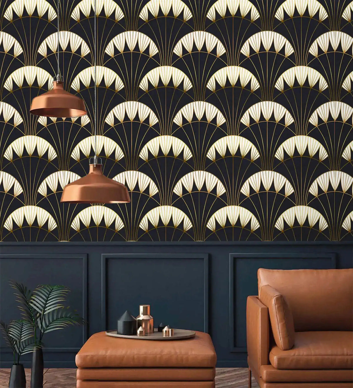 Art Deco black gold wallpaper with copper pendant lights, brown leather chair, ottoman, dark wainscoting, and palm plant