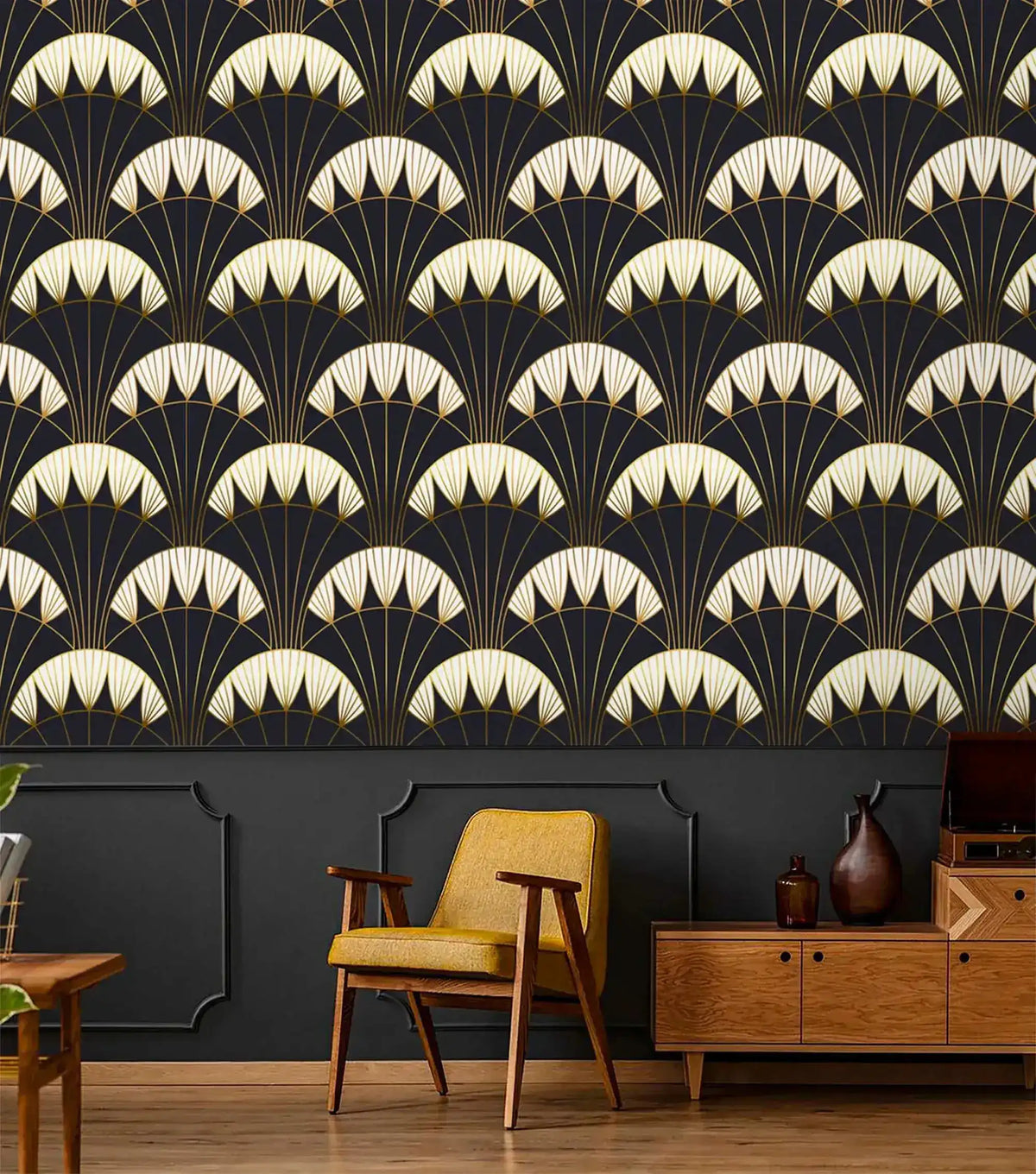 Art Deco black gold wallpaper above dark grey paneled wall with yellow armchair, wood credenza, brown vases in retro room