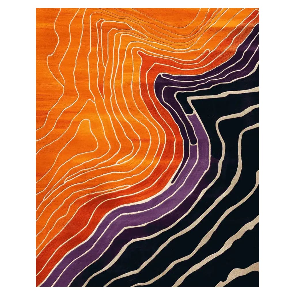 A vibrant Art Deco Current Hand Tufted Area Rug featuring bold swirling patterns in orange, purple, and black. Perfect for adding a touch of modern elegance to living room area rugs, this contemporary wool rug offers a stylish and lively focal point for area rugs in the living room.