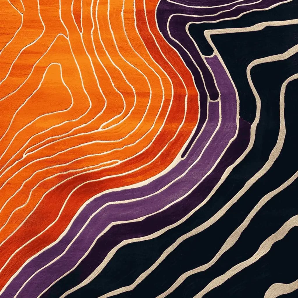 A vibrant Art Deco area rug featuring bold orange, purple, and black abstract patterns, perfect for contemporary living room spaces. This wool rug showcases a unique hand-tufted design, ideal for those seeking stylish area rugs for living rooms.