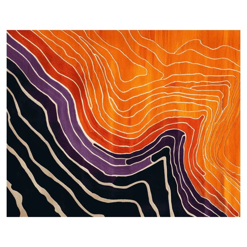 Vibrant Art Deco hand-tufted area rug featuring bold orange, purple, and black abstract patterns. Perfect for adding a contemporary touch to living room area rugs, this wool rug combines modern design with a warm color palette, making it an ideal choice for area rugs for living room settings.
