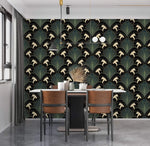 Art Deco greenery art in black-gold fan-leaf pattern covering dining room accent wall, marble floor setting