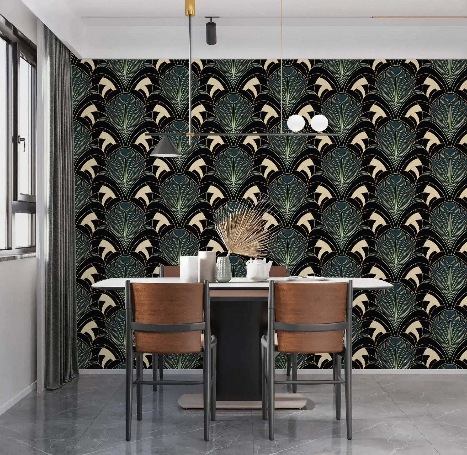 Art Deco greenery art in black-gold fan-leaf pattern covering dining room accent wall, marble floor setting