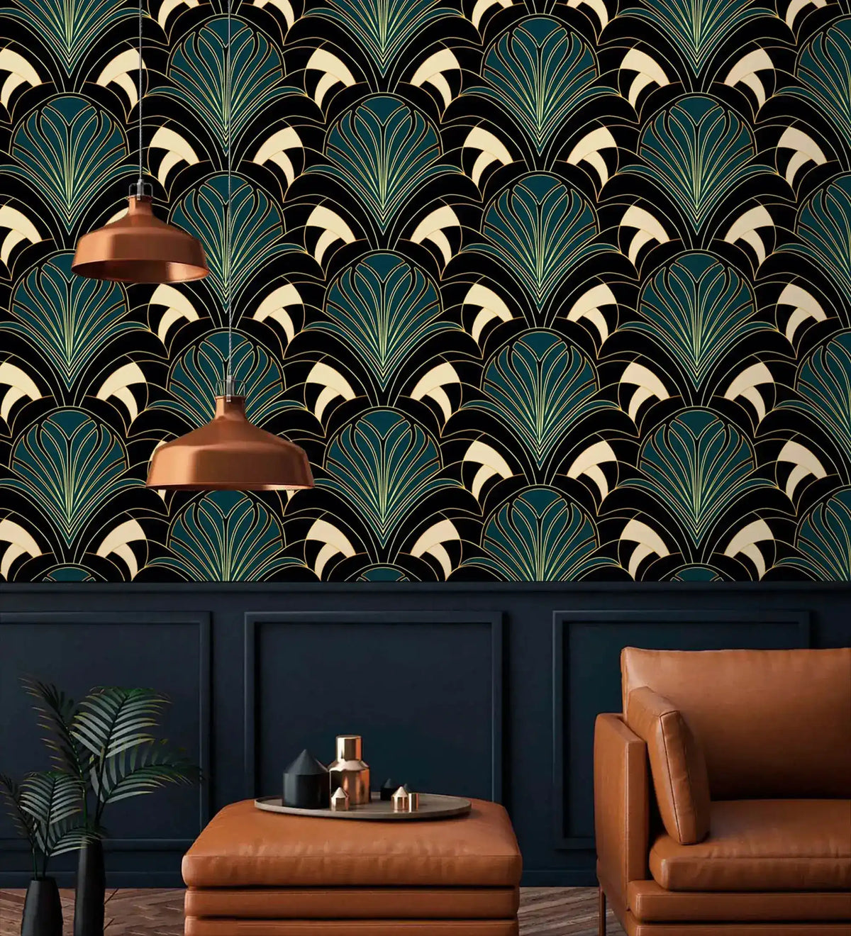 Art Deco greenery wall art with teal and gold fan-leaf pattern in dark living room with copper pendants