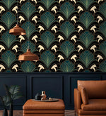 Art Deco greenery wall art with teal and gold fan-leaf pattern in dark living room with copper pendants