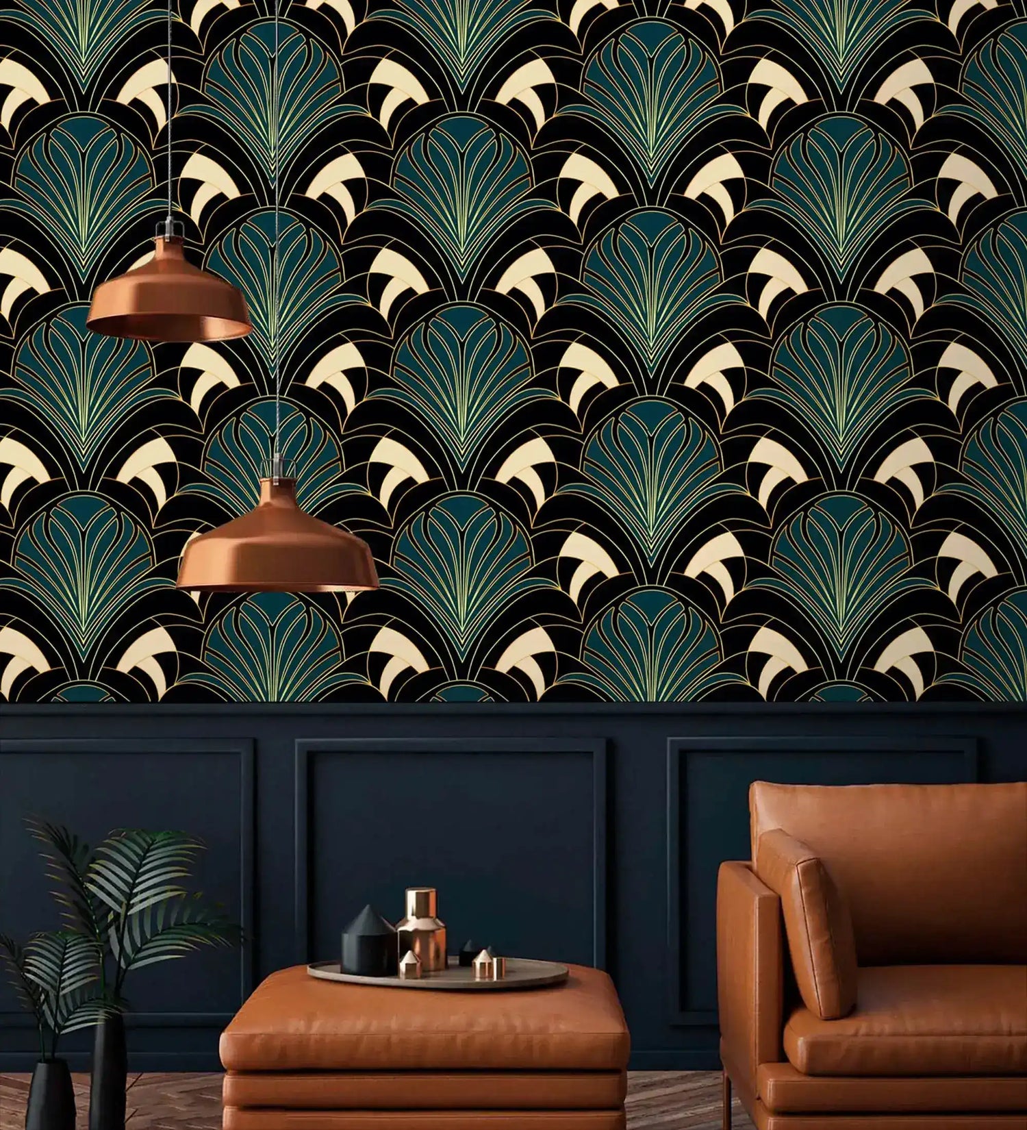 Art Deco greenery wall art with teal and gold fan-leaf pattern in dark living room with copper pendants