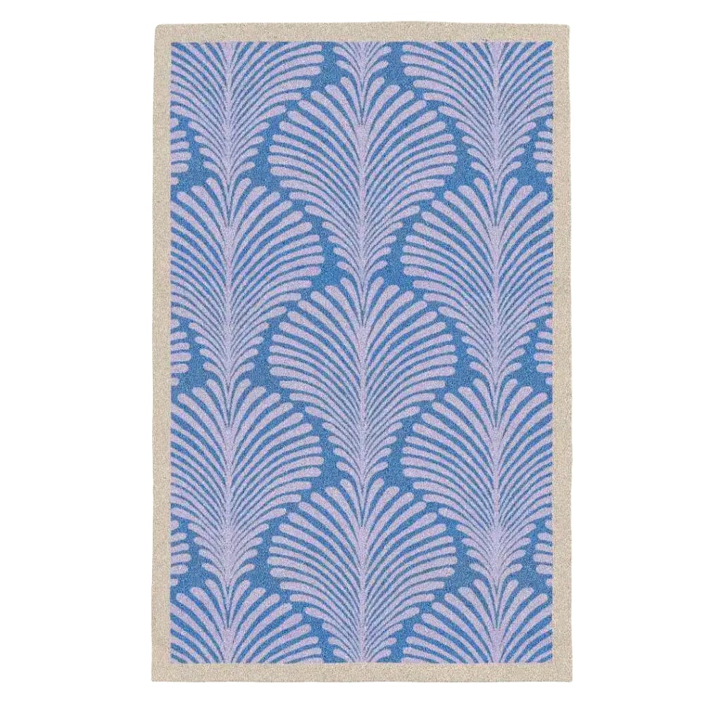 Beautiful Art Deco Scallop Blue Hand Tufted Wool Rug, perfect for adding elegance to any office or living room. This large area rug features a striking blue scallop pattern, ideal for those seeking stylish and sophisticated rugs for office spaces or large area rugs for living room decor.