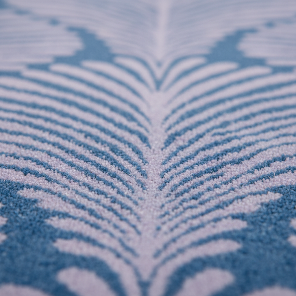 Close-up of a blue and white feather pattern rug