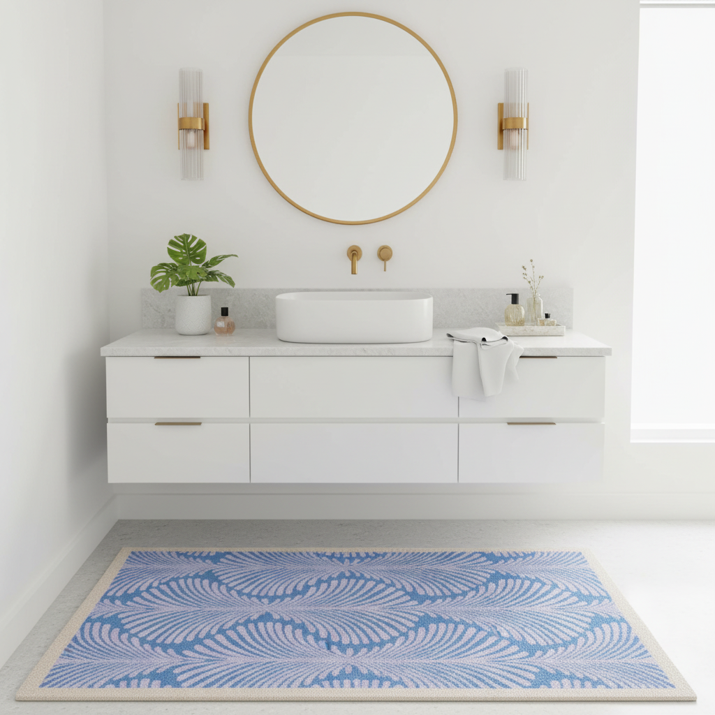 Modern bathroom with white vanity, round mirror, and blue patterned rug.
