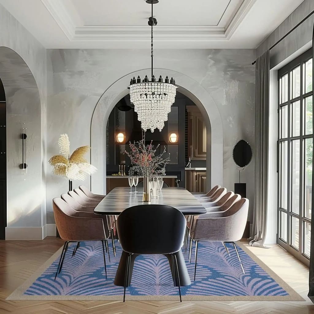 Elegant dining room featuring a blue Art Deco scallop pattern hand-tufted wool area rug, perfect for offices or large living rooms. The rug complements the sophisticated decor, including a modern dining table and chairs, under a sparkling chandelier.