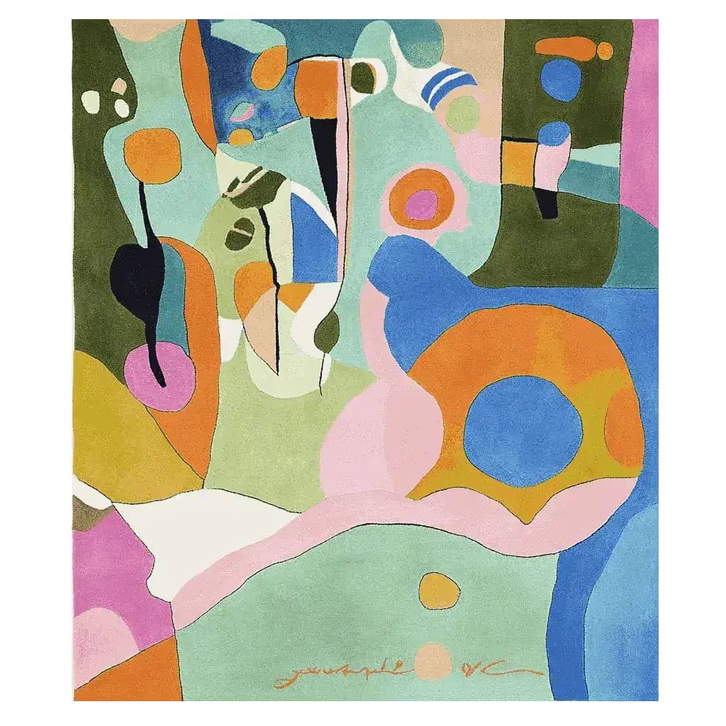 Vibrant and colorful Art Pop Hand Tufted Area Rug featuring an abstract design with bold shapes and colors, perfect for contemporary living room area rugs. This wool rug is ideal for enhancing the decor as a living room rug in an 8x10 size.
