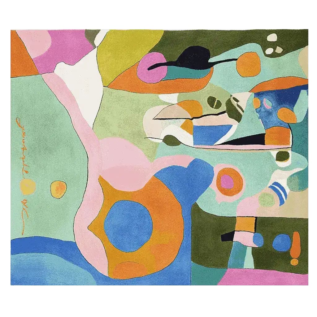 A vibrant, abstract Art Pop Hand Tufted Area Rug featuring a colorful mix of shapes and patterns, perfect for enhancing modern living room decor. This contemporary rug, ideal for living room area rugs, measures 8x10 and is crafted from high-quality wool, providing both style and comfort.