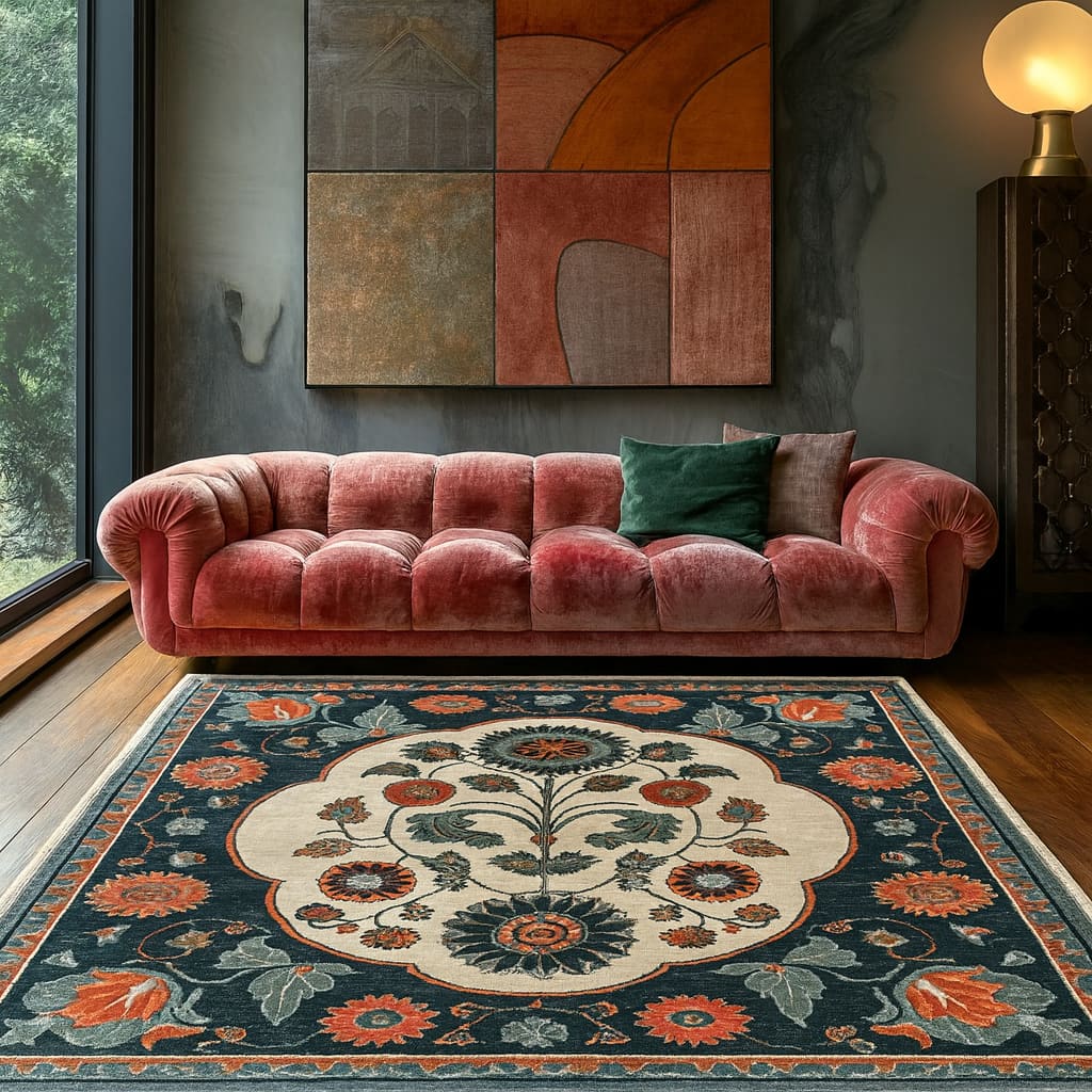 A beautifully designed Artesian Splendor Knotted Wool Rug in a living room setting, showcasing vibrant floral patterns in orange and teal. This elegant area rug complements the plush pink sofa and contemporary wall art, adding warmth and style to the space. Ideal for those looking for premium living room area rugs.