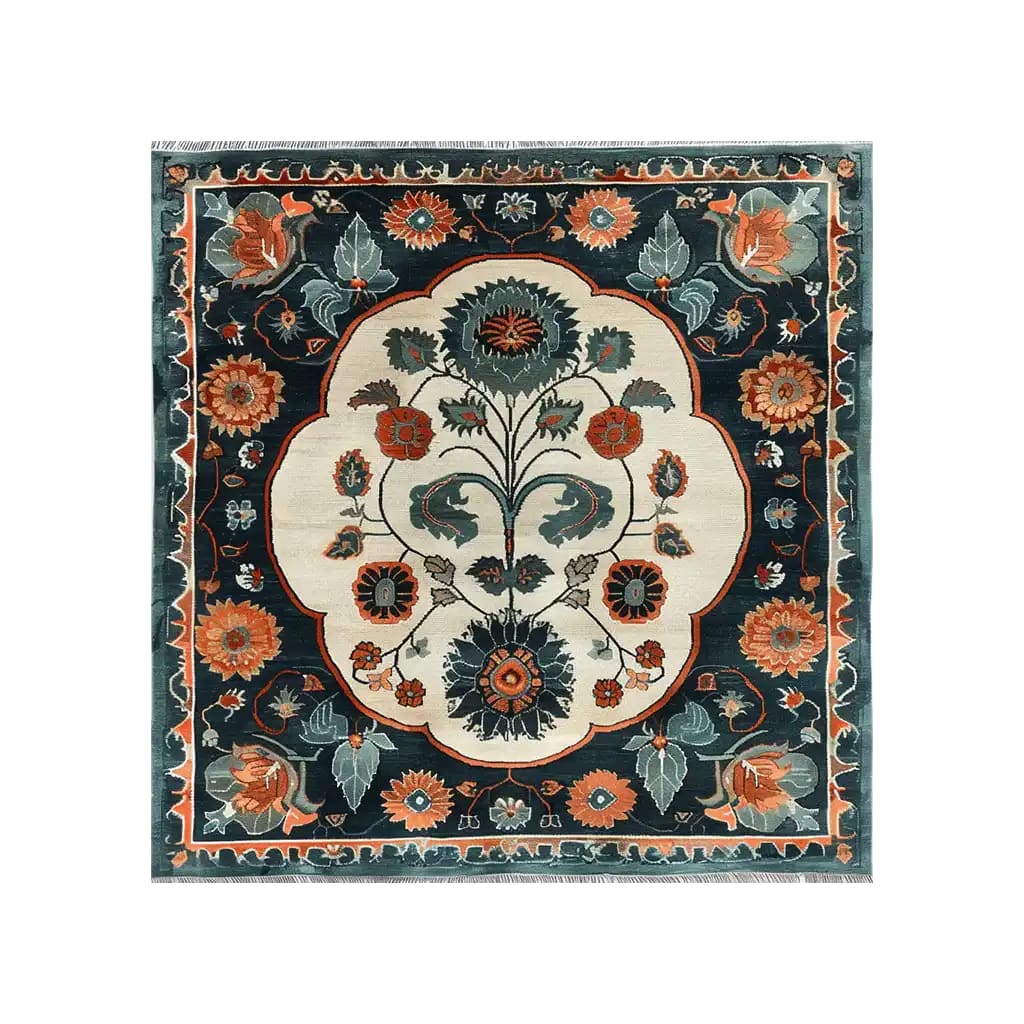 Top view of the Artesian Splendor Knotted Wool Area Rug featuring intricate floral patterns with vibrant red, orange, and green colors on a dark background, surrounded by a detailed border design.