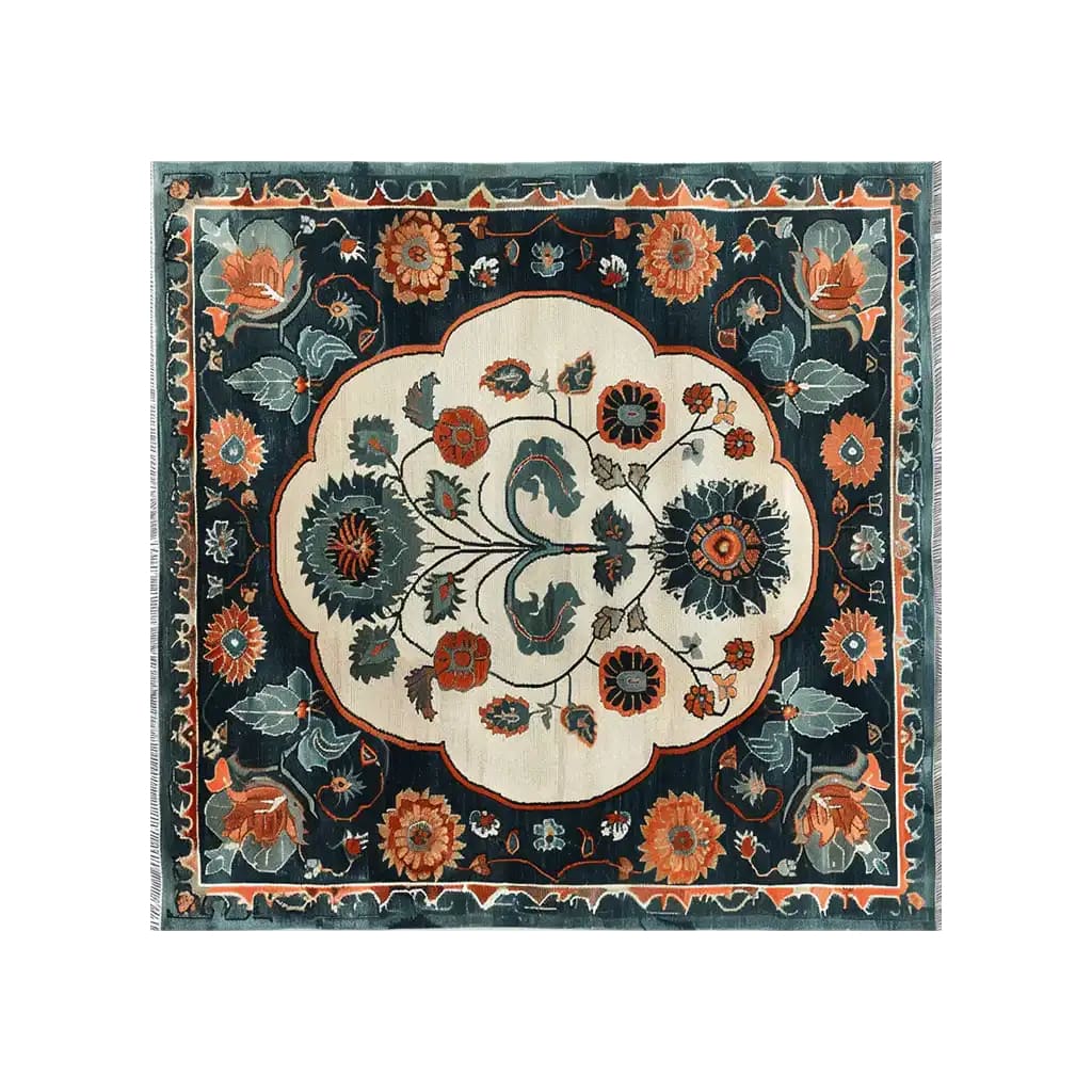 Top view of an Artesian Splendor knotted wool area rug featuring a vibrant floral pattern. This elegant living room area rug showcases a harmonious blend of rich colors including deep teal, warm orange, and cream, creating a luxurious and inviting atmosphere.